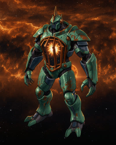 The Pulsar, a towering verdigris colossus with a glowing cage in its chest.