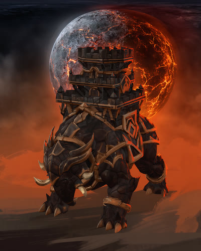 The Siege beast, a hulking armoured creature carrying a ruined stone fortress on its back.
