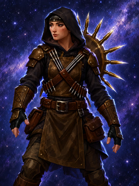 The Artisan, a hooded woman in a leather apron and bandoliers, a ring of golden spikes behind her.
