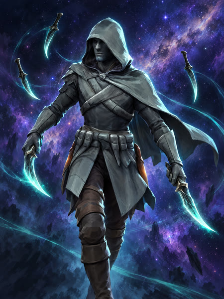 The Blade Dancer, a hooded figure in a grey-green cloak, glowing teal blades circling them.