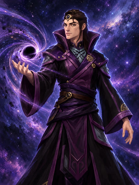 The Collapsar, a young man in a high-collared violet robe, a small black hole turning above one hand.