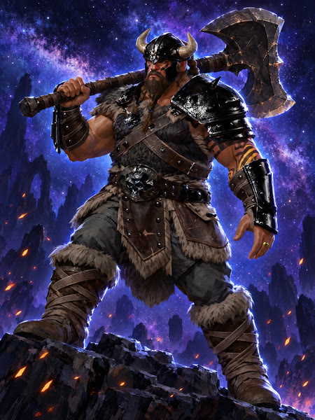The Slammer, a bearded warrior in a horned helm with a huge axe over one shoulder.