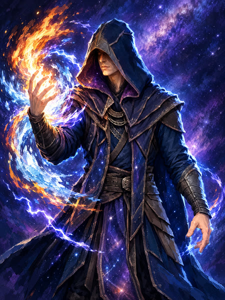 The Spellcaster, a hooded mage in a starry navy robe, fire and frost curling around one hand.