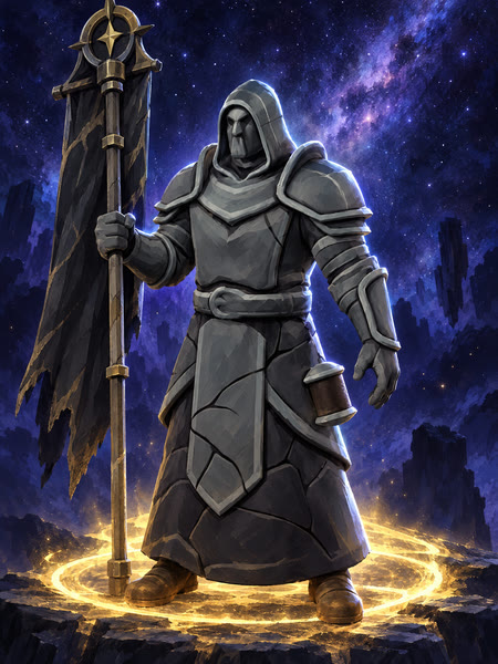 The Warden, a hooded guardian in grey stone armour holding a tattered banner, a gold ring of light at its feet.