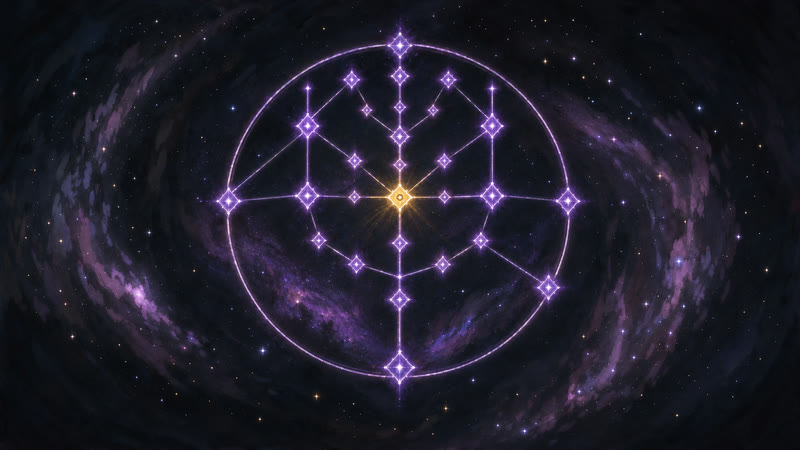 A painted ring of violet star nodes around a glowing gold core, the shape of a class’s own tree.