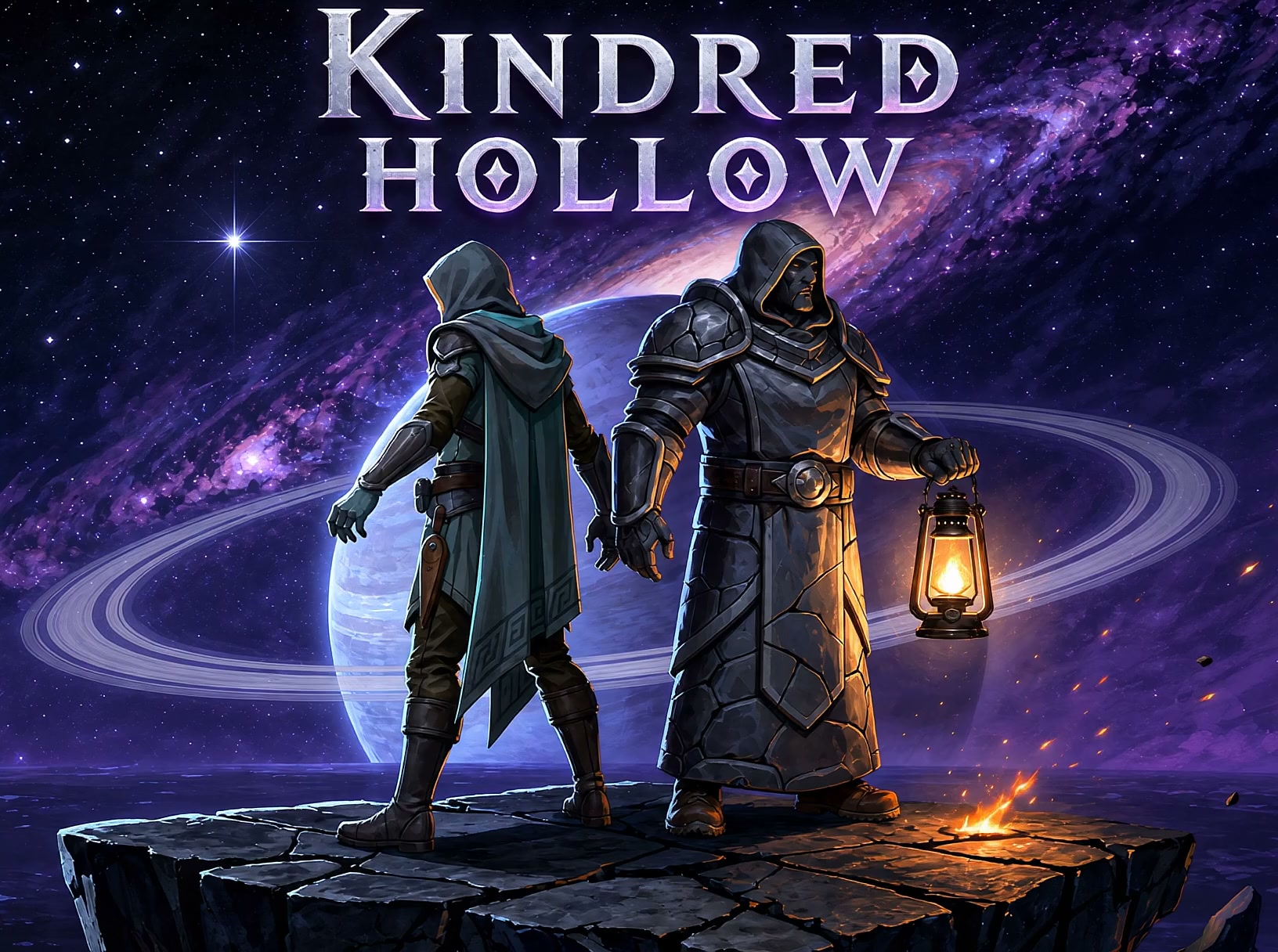 Kindred Hollow key art. Two hooded figures stand on a floating slab of rock, one holding a lit lantern, before a ringed planet and a violet galaxy. The silver Kindred Hollow wordmark sits above them.