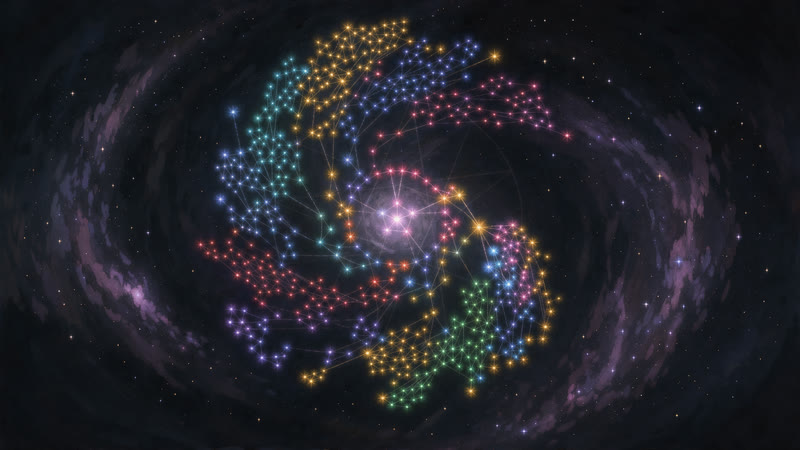 A painted spiral of glowing star nodes, the shape of the game's skill tree.