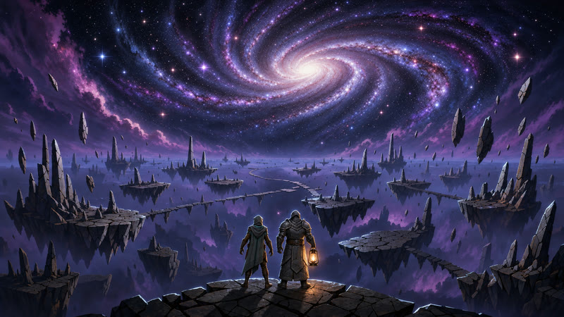 Zone 1: floating slate islands and stone bridges under a huge violet spiral galaxy. Two small heroes look out from a ledge.