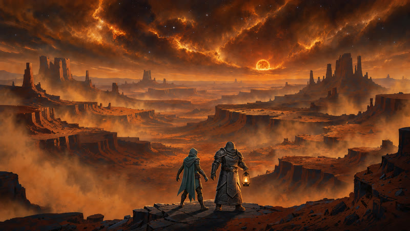 Zone 2: rust-orange mesas and drifting dust under burning amber clouds and a small orange sun. Two small heroes look out from a ledge.
