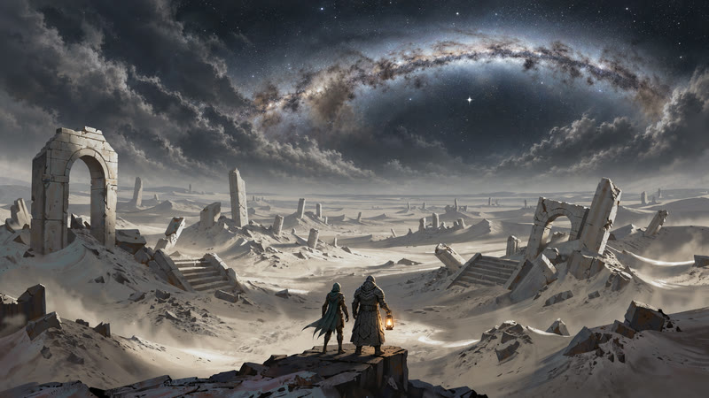 Zone 3: pale ash dunes and broken stone ruins under a cold silver sky. Two small heroes look out from a ledge.