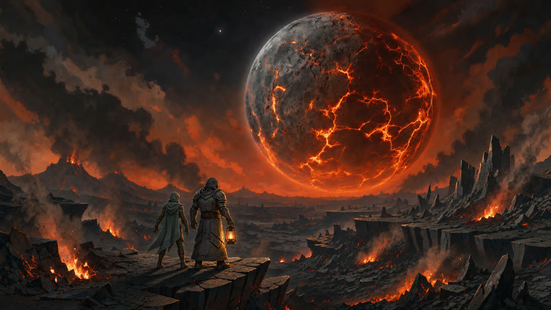 Zone 4: black basalt and smouldering ash under an enormous cracked molten planet. Two small heroes look out from a ledge.