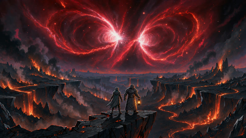 Zone 5: black rock and rivers of embers under a huge crimson nebula with a blinding white core. Two small heroes look out from a ledge.